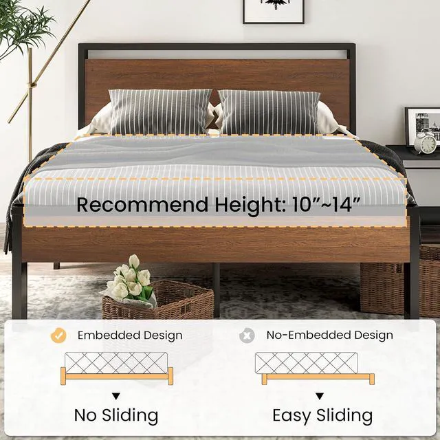 Alt view image 7 of 7 - 14 Inch Queen Size Metal Platform Bed Frame with Wooden Headboard and Footboard, Mattress Foundation, No Box Spring Needed, Large Under Bed Storage, Non-Slip Without Noise, Walnut
