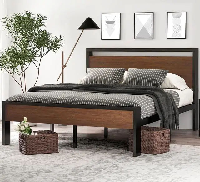 Main image of 14 Inch Queen Size Metal Platform Bed Frame with Wooden Headboard and Footboard, Mattress Foundation, No Box Spring Needed, Large Under Bed Storage, Non-Slip Without Noise, Walnut