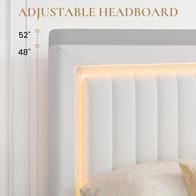 Alt view image 7 of 7 - King Size Velvet Bed Frame with LED Light, Adjustable Vertical Channel Tufted Headboard, Strong Wooden Slats Support, Noise-Free, No Box Spring Needed, White