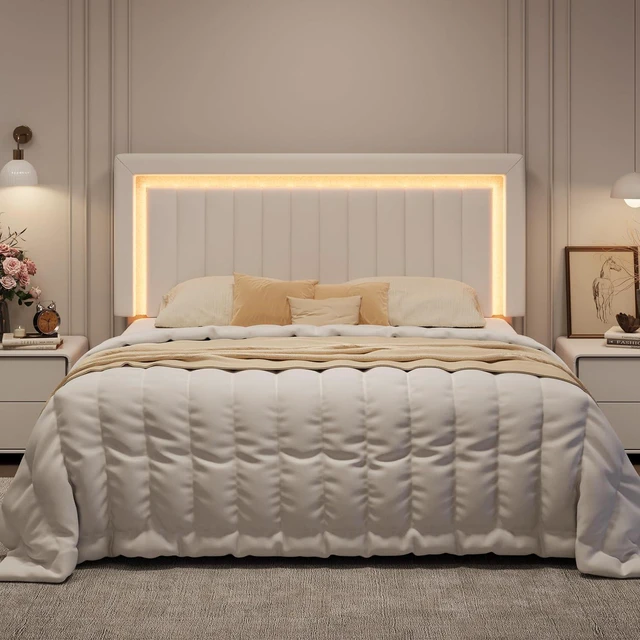 Main image of King Size Velvet Bed Frame with LED Light, Adjustable Vertical Channel Tufted Headboard, Strong Wooden Slats Support, Noise-Free, No Box Spring Needed, White