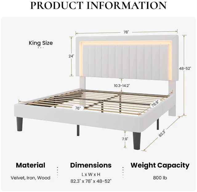 Alt view image 2 of 7 - King Size Velvet Bed Frame with LED Light, Adjustable Vertical Channel Tufted Headboard, Strong Wooden Slats Support, Noise-Free, No Box Spring Needed, White