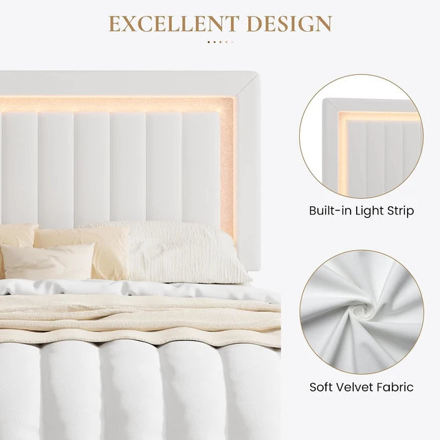 Alt view image 5 of 7 - King Size Velvet Bed Frame with LED Light, Adjustable Vertical Channel Tufted Headboard, Strong Wooden Slats Support, Noise-Free, No Box Spring Needed, White
