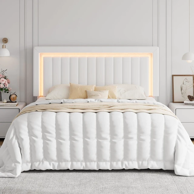 Alt view image 3 of 7 - King Size Velvet Bed Frame with LED Light, Adjustable Vertical Channel Tufted Headboard, Strong Wooden Slats Support, Noise-Free, No Box Spring Needed, White