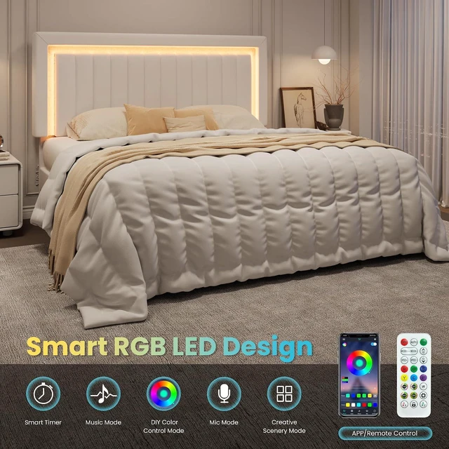 Alt view image 4 of 7 - King Size Velvet Bed Frame with LED Light, Adjustable Vertical Channel Tufted Headboard, Strong Wooden Slats Support, Noise-Free, No Box Spring Needed, White