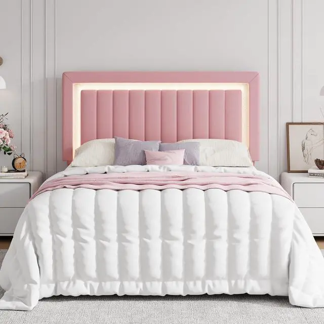 Alt view image 3 of 7 - Full Size Velvet Bed Frame with LED Light, Adjustable Vertical Channel Tufted Headboard, Strong Wooden Slats Support, Noise-Free, No Box Spring Needed, Pink