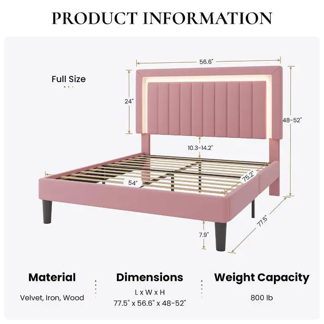 Alt view image 2 of 7 - Full Size Velvet Bed Frame with LED Light, Adjustable Vertical Channel Tufted Headboard, Strong Wooden Slats Support, Noise-Free, No Box Spring Needed, Pink