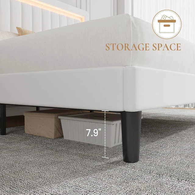Alt view image 6 of 7 - King Size Velvet Bed Frame with LED Light, Adjustable Vertical Channel Tufted Headboard, Strong Wooden Slats Support, Noise-Free, No Box Spring Needed, White
