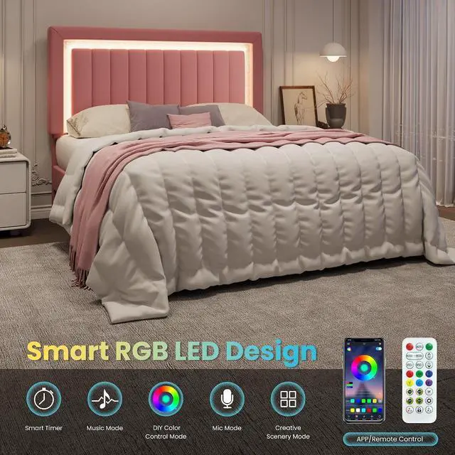 Alt view image 4 of 7 - Full Size Velvet Bed Frame with LED Light, Adjustable Vertical Channel Tufted Headboard, Strong Wooden Slats Support, Noise-Free, No Box Spring Needed, Pink