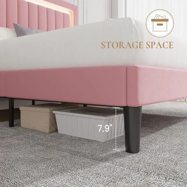 Alt view image 6 of 7 - Full Size Velvet Bed Frame with LED Light, Adjustable Vertical Channel Tufted Headboard, Strong Wooden Slats Support, Noise-Free, No Box Spring Needed, Pink