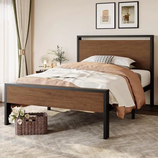 Main image of 14 Inch Twin Size Metal Platform Bed Frame with Wooden Headboard and Footboard, Mattress Foundation, No Box Spring Needed, Large Under Bed Storage, Heavy Duty Slats Support, Walnut