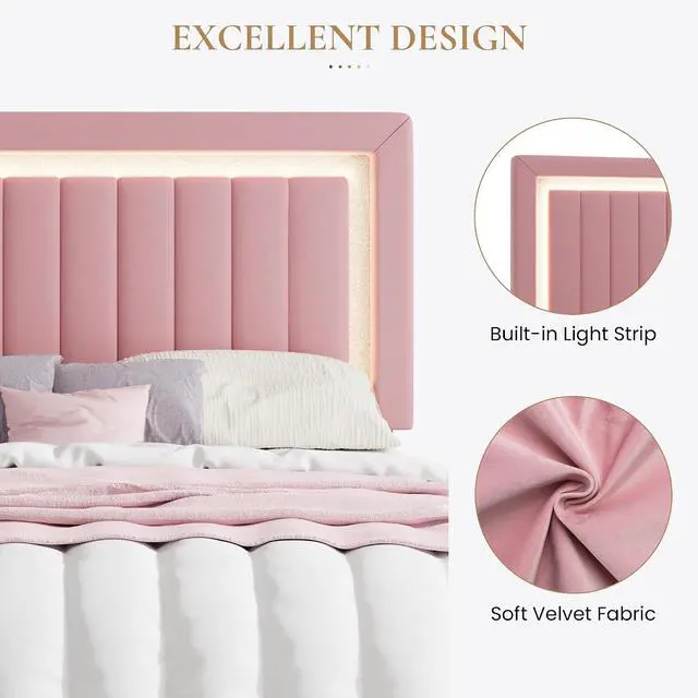 Alt view image 5 of 7 - Full Size Velvet Bed Frame with LED Light, Adjustable Vertical Channel Tufted Headboard, Strong Wooden Slats Support, Noise-Free, No Box Spring Needed, Pink