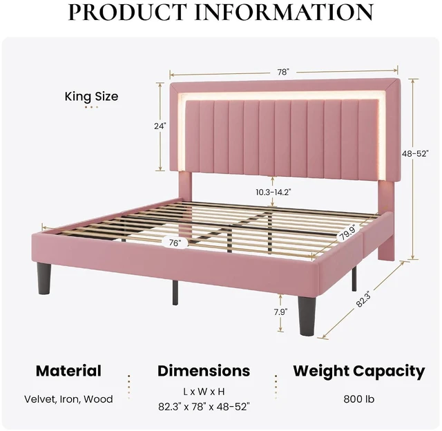 Alt view image 2 of 7 - King Size Velvet Bed Frame with LED Light, Adjustable Vertical Channel Tufted Headboard, Strong Wooden Slats Support, Noise-Free, No Box Spring Needed, Pink