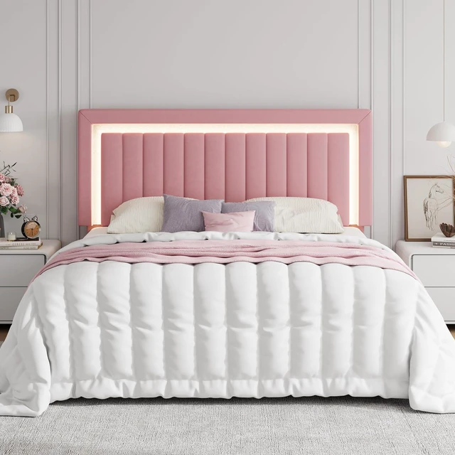 Alt view image 3 of 7 - King Size Velvet Bed Frame with LED Light, Adjustable Vertical Channel Tufted Headboard, Strong Wooden Slats Support, Noise-Free, No Box Spring Needed, Pink