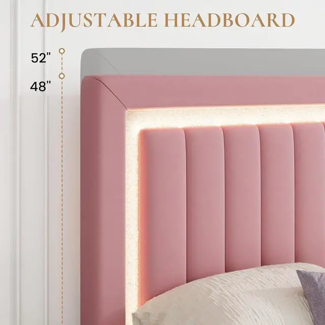 Alt view image 7 of 7 - Full Size Velvet Bed Frame with LED Light, Adjustable Vertical Channel Tufted Headboard, Strong Wooden Slats Support, Noise-Free, No Box Spring Needed, Pink
