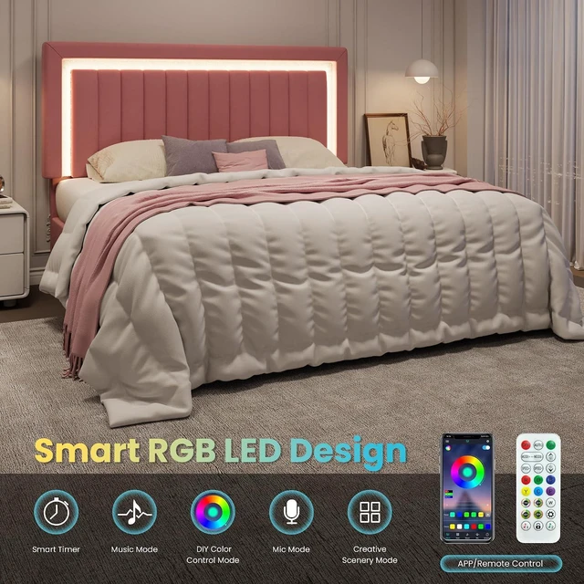 Alt view image 4 of 7 - King Size Velvet Bed Frame with LED Light, Adjustable Vertical Channel Tufted Headboard, Strong Wooden Slats Support, Noise-Free, No Box Spring Needed, Pink