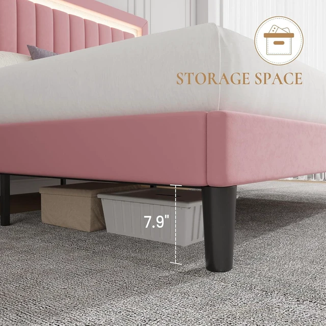 Alt view image 6 of 7 - King Size Velvet Bed Frame with LED Light, Adjustable Vertical Channel Tufted Headboard, Strong Wooden Slats Support, Noise-Free, No Box Spring Needed, Pink