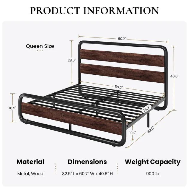 Alt view image 2 of 6 - Queen Size Metal Bed Frame with Wooden Headboard and Footboard, Heavy Duty Oval-Shaped Platform Bed with Under-Bed Storage, Noise Free, No Box Spring Needed, Mahogany