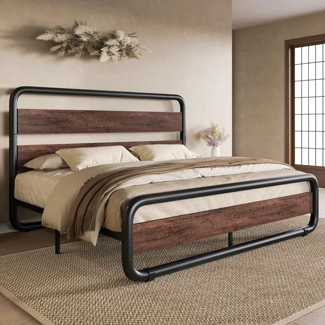 Main image of Queen Size Metal Bed Frame with Wooden Headboard and Footboard, Heavy Duty Oval-Shaped Platform Bed with Under-Bed Storage, Noise Free, No Box Spring Needed, Mahogany