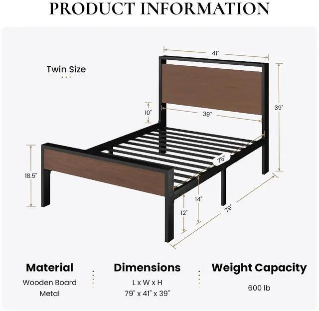 Alt view image 2 of 7 - 14 Inch Twin Size Metal Platform Bed Frame with Wooden Headboard and Footboard, Mattress Foundation, No Box Spring Needed, Large Under Bed Storage, Heavy Duty Slats Support, Walnut