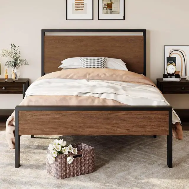 Alt view image 3 of 7 - 14 Inch Twin Size Metal Platform Bed Frame with Wooden Headboard and Footboard, Mattress Foundation, No Box Spring Needed, Large Under Bed Storage, Heavy Duty Slats Support, Walnut