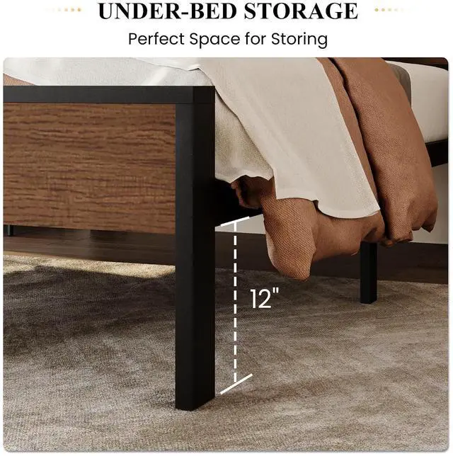 Alt view image 4 of 7 - 14 Inch Twin Size Metal Platform Bed Frame with Wooden Headboard and Footboard, Mattress Foundation, No Box Spring Needed, Large Under Bed Storage, Heavy Duty Slats Support, Walnut
