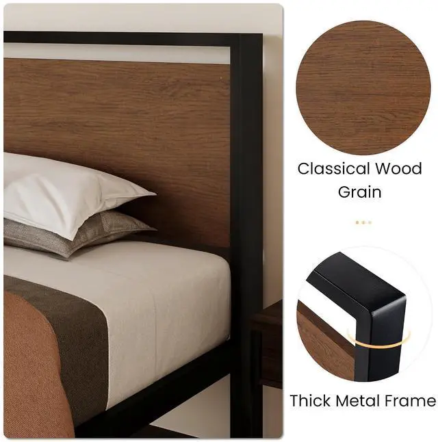 Alt view image 5 of 7 - 14 Inch Twin Size Metal Platform Bed Frame with Wooden Headboard and Footboard, Mattress Foundation, No Box Spring Needed, Large Under Bed Storage, Heavy Duty Slats Support, Walnut