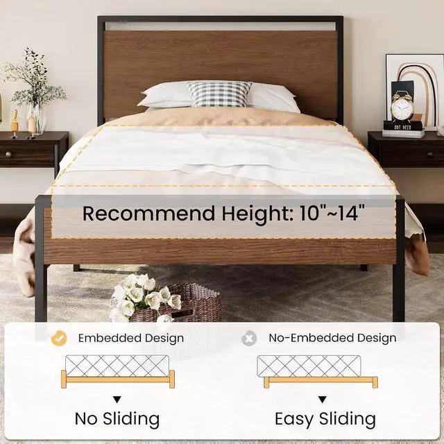 Alt view image 7 of 7 - 14 Inch Twin Size Metal Platform Bed Frame with Wooden Headboard and Footboard, Mattress Foundation, No Box Spring Needed, Large Under Bed Storage, Heavy Duty Slats Support, Walnut