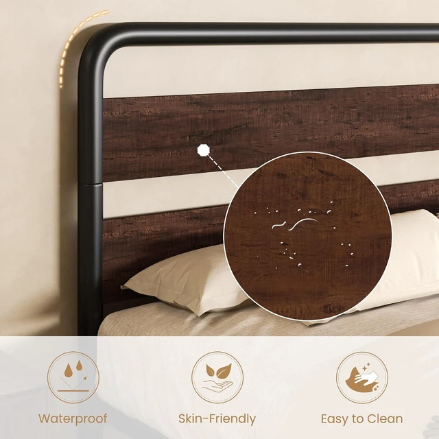 Alt view image 3 of 6 - Queen Size Metal Bed Frame with Wooden Headboard and Footboard, Heavy Duty Oval-Shaped Platform Bed with Under-Bed Storage, Noise Free, No Box Spring Needed, Mahogany