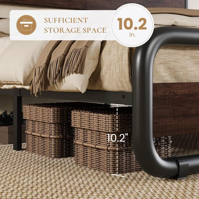 Alt view image 5 of 6 - Queen Size Metal Bed Frame with Wooden Headboard and Footboard, Heavy Duty Oval-Shaped Platform Bed with Under-Bed Storage, Noise Free, No Box Spring Needed, Mahogany