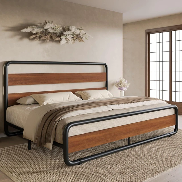 Main image of King Size Metal Bed Frame with Wooden Headboard and Footboard, Heavy Duty Platform Bed Frame with 10" Under-Bed Storage, Noise-Free, No Box Spring Needed, Vintage Walnut
