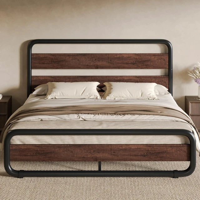 Alt view image 6 of 6 - Queen Size Metal Bed Frame with Wooden Headboard and Footboard, Heavy Duty Oval-Shaped Platform Bed with Under-Bed Storage, Noise Free, No Box Spring Needed, Mahogany