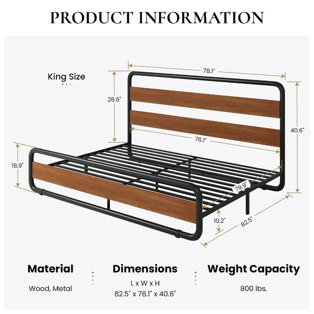 Alt view image 2 of 6 - King Size Metal Bed Frame with Wooden Headboard and Footboard, Heavy Duty Platform Bed Frame with 10" Under-Bed Storage, Noise-Free, No Box Spring Needed, Vintage Walnut