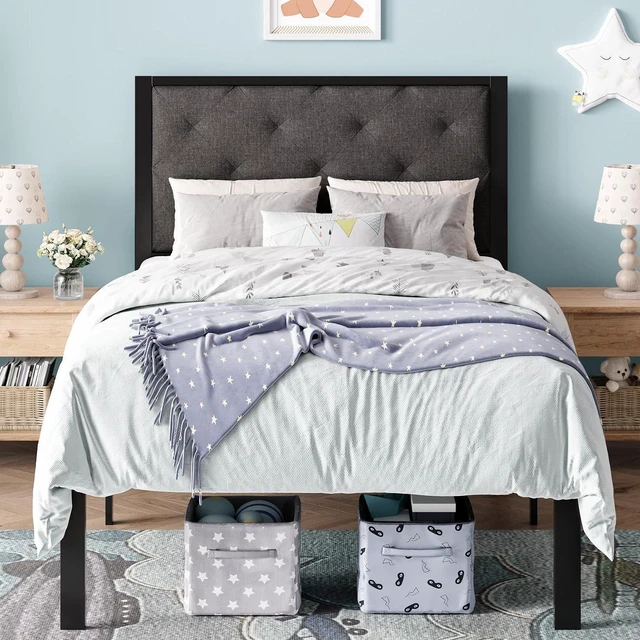 Main image of Twin Size Metal Bed Frame with Linen Tufted Headboard, Dark Gray | Modern Design Heavy-Duty Platform Bed, No Box Spring Need, Linen Fabric Upholstery, Noise Free, Easy Assembly