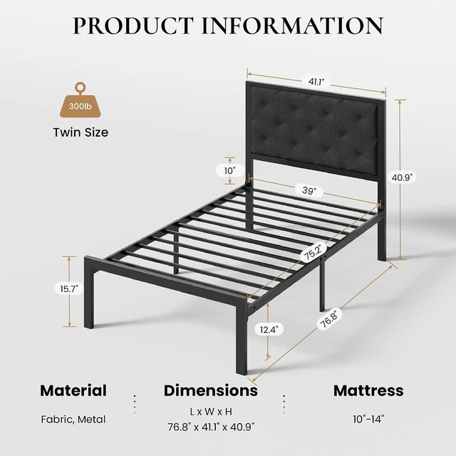 Alt view image 2 of 7 - Twin Size Metal Bed Frame with Linen Tufted Headboard, Dark Gray | Modern Design Heavy-Duty Platform Bed, No Box Spring Need, Linen Fabric Upholstery, Noise Free, Easy Assembly