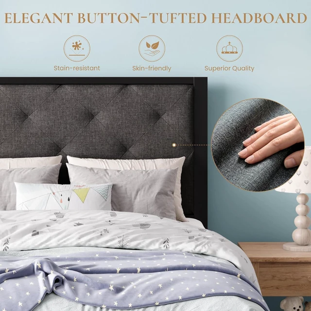 Alt view image 3 of 7 - Twin Size Metal Bed Frame with Linen Tufted Headboard, Dark Gray | Modern Design Heavy-Duty Platform Bed, No Box Spring Need, Linen Fabric Upholstery, Noise Free, Easy Assembly