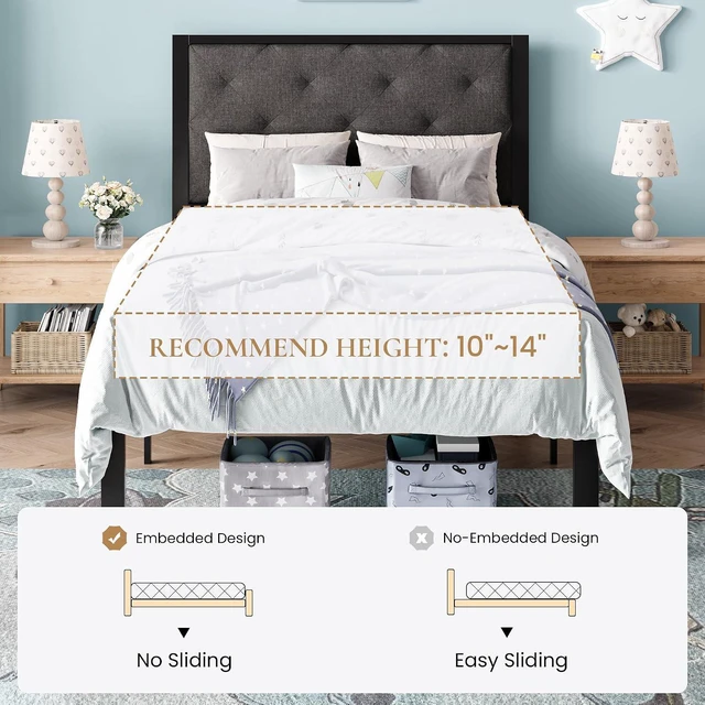 Alt view image 7 of 7 - Twin Size Metal Bed Frame with Linen Tufted Headboard, Dark Gray | Modern Design Heavy-Duty Platform Bed, No Box Spring Need, Linen Fabric Upholstery, Noise Free, Easy Assembly