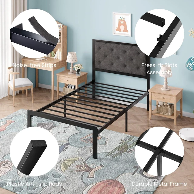 Alt view image 6 of 7 - Twin Size Metal Bed Frame with Linen Tufted Headboard, Dark Gray | Modern Design Heavy-Duty Platform Bed, No Box Spring Need, Linen Fabric Upholstery, Noise Free, Easy Assembly