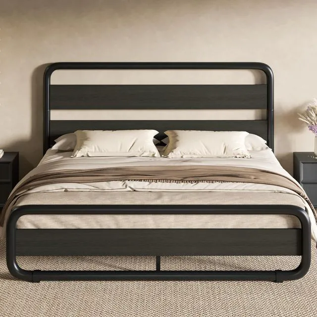 Main image of Full Size Metal Bed Frame with Wooden Headboard and Footboard, Heavy Duty Oval-Shaped Platform Bed Frame with 10" Under-Bed Storage, Noise Free, No Box Spring Needed, Black