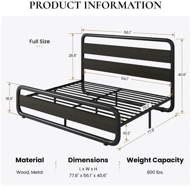 Alt view image 2 of 7 - Full Size Metal Bed Frame with Wooden Headboard and Footboard, Heavy Duty Oval-Shaped Platform Bed Frame with 10" Under-Bed Storage, Noise Free, No Box Spring Needed, Black