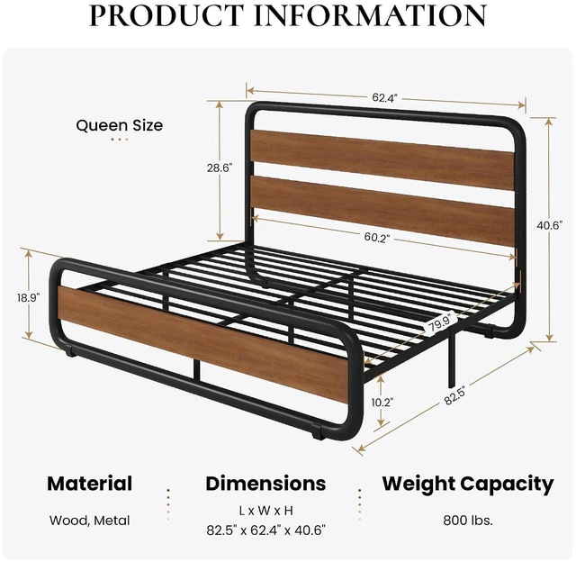 Alt view image 2 of 6 - Queen Size Metal Bed Frame with Wooden Headboard and Footboard, Heavy Duty Oval-Shaped Platform Bed with Under-Bed Storage, Noise Free, No Box Spring Needed, Vintage Walnut