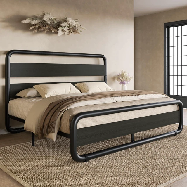 Alt view image 3 of 7 - Full Size Metal Bed Frame with Wooden Headboard and Footboard, Heavy Duty Oval-Shaped Platform Bed Frame with 10" Under-Bed Storage, Noise Free, No Box Spring Needed, Black