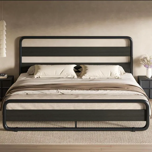 Alt view image 7 of 7 - Full Size Metal Bed Frame with Wooden Headboard and Footboard, Heavy Duty Oval-Shaped Platform Bed Frame with 10" Under-Bed Storage, Noise Free, No Box Spring Needed, Black