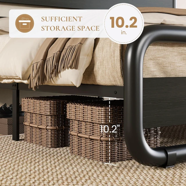 Alt view image 5 of 7 - Full Size Metal Bed Frame with Wooden Headboard and Footboard, Heavy Duty Oval-Shaped Platform Bed Frame with 10" Under-Bed Storage, Noise Free, No Box Spring Needed, Black