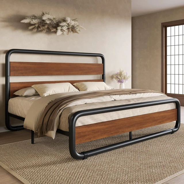 Main image of Queen Size Metal Bed Frame with Wooden Headboard and Footboard, Heavy Duty Oval-Shaped Platform Bed with Under-Bed Storage, Noise Free, No Box Spring Needed, Vintage Walnut