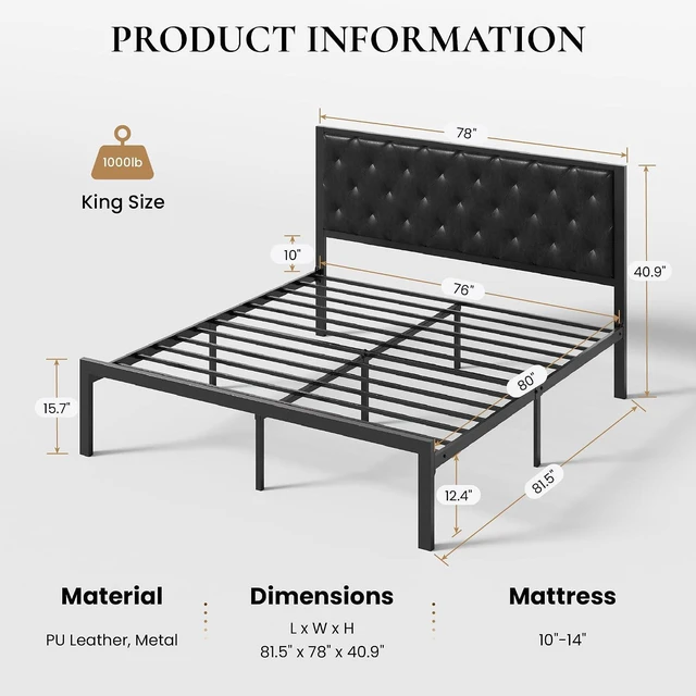 Alt view image 2 of 7 - King Size Metal Bed Frame with PU Tufted Headboard, Black | Modern Design Heavy-Duty Platform Bed, No Box Spring Need, PU Leather Upholstery, Noise Free, Easy Assembly