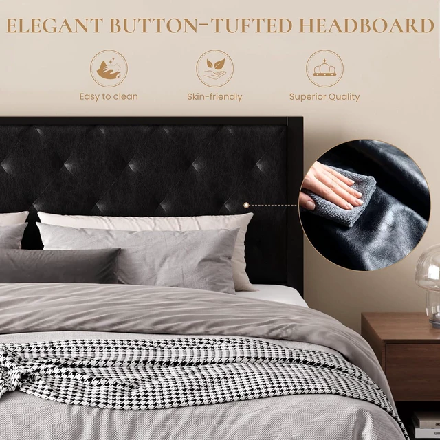 Alt view image 3 of 7 - King Size Metal Bed Frame with PU Tufted Headboard, Black | Modern Design Heavy-Duty Platform Bed, No Box Spring Need, PU Leather Upholstery, Noise Free, Easy Assembly