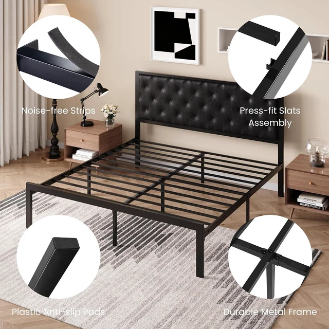 Alt view image 6 of 7 - King Size Metal Bed Frame with PU Tufted Headboard, Black | Modern Design Heavy-Duty Platform Bed, No Box Spring Need, PU Leather Upholstery, Noise Free, Easy Assembly