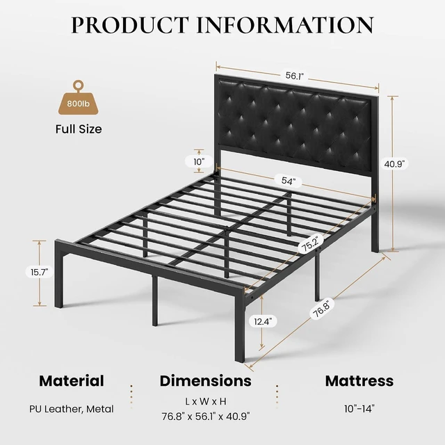 Alt view image 2 of 7 - Full Size Metal Bed Frame with PU Tufted Headboard, Black | Modern Design Heavy-Duty Platform Bed, No Box Spring Need, PU Leather Upholstery, Noise Free, Easy Assembly