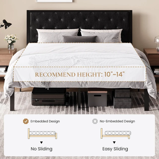 Alt view image 7 of 7 - King Size Metal Bed Frame with PU Tufted Headboard, Black | Modern Design Heavy-Duty Platform Bed, No Box Spring Need, PU Leather Upholstery, Noise Free, Easy Assembly