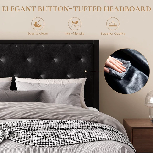 Alt view image 3 of 7 - Full Size Metal Bed Frame with PU Tufted Headboard, Black | Modern Design Heavy-Duty Platform Bed, No Box Spring Need, PU Leather Upholstery, Noise Free, Easy Assembly